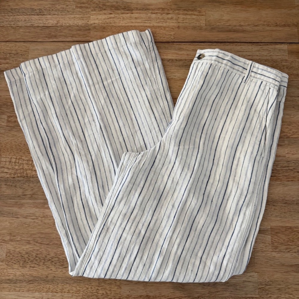 Madewell The Zoe Relaxed Wide Leg Pants 4 Blue White Striped 100% Linen Pant